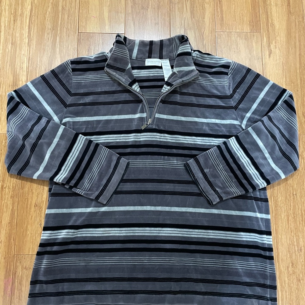 Liz Claiborne Velour Striped Half-Zip Pullover Tunic Sweater Size Large